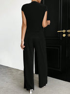 Essnce Solid Color Stand Collar Top With Cap Sleeves + Wide Leg Pants shein