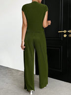Essnce Solid Color Stand Collar Top With Cap Sleeves + Wide Leg Pants shein