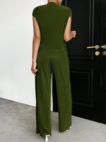 Essnce Solid Color Stand Collar Top With Cap Sleeves + Wide Leg Pants