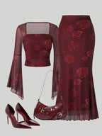 2pcs/Set Women Rose Print Bandeau Top And Mermaid Skirt shein