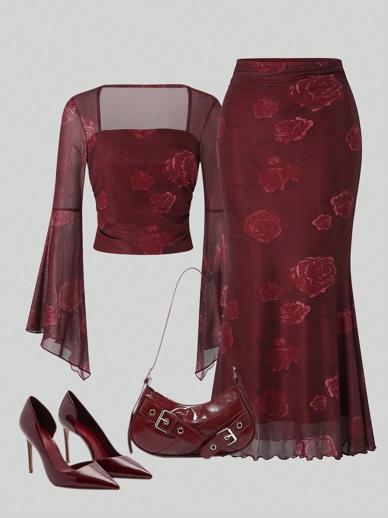 2pcs/Set Women Rose Print Bandeau Top And Mermaid Skirt shein
