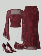 2pcs/Set Women Rose Print Bandeau Top And Mermaid Skirt shein