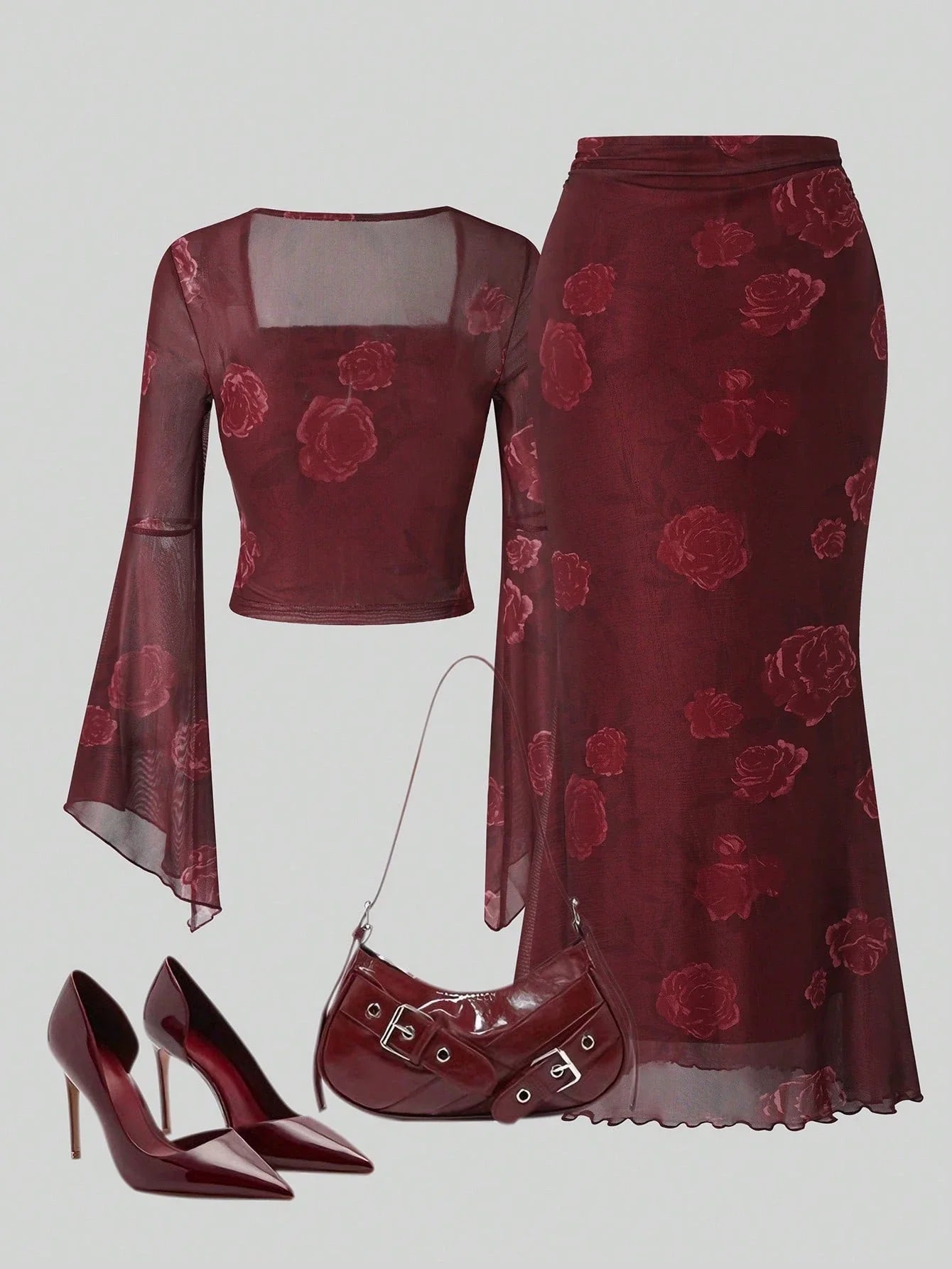 2pcs/Set Women Rose Print Bandeau Top And Mermaid Skirt shein