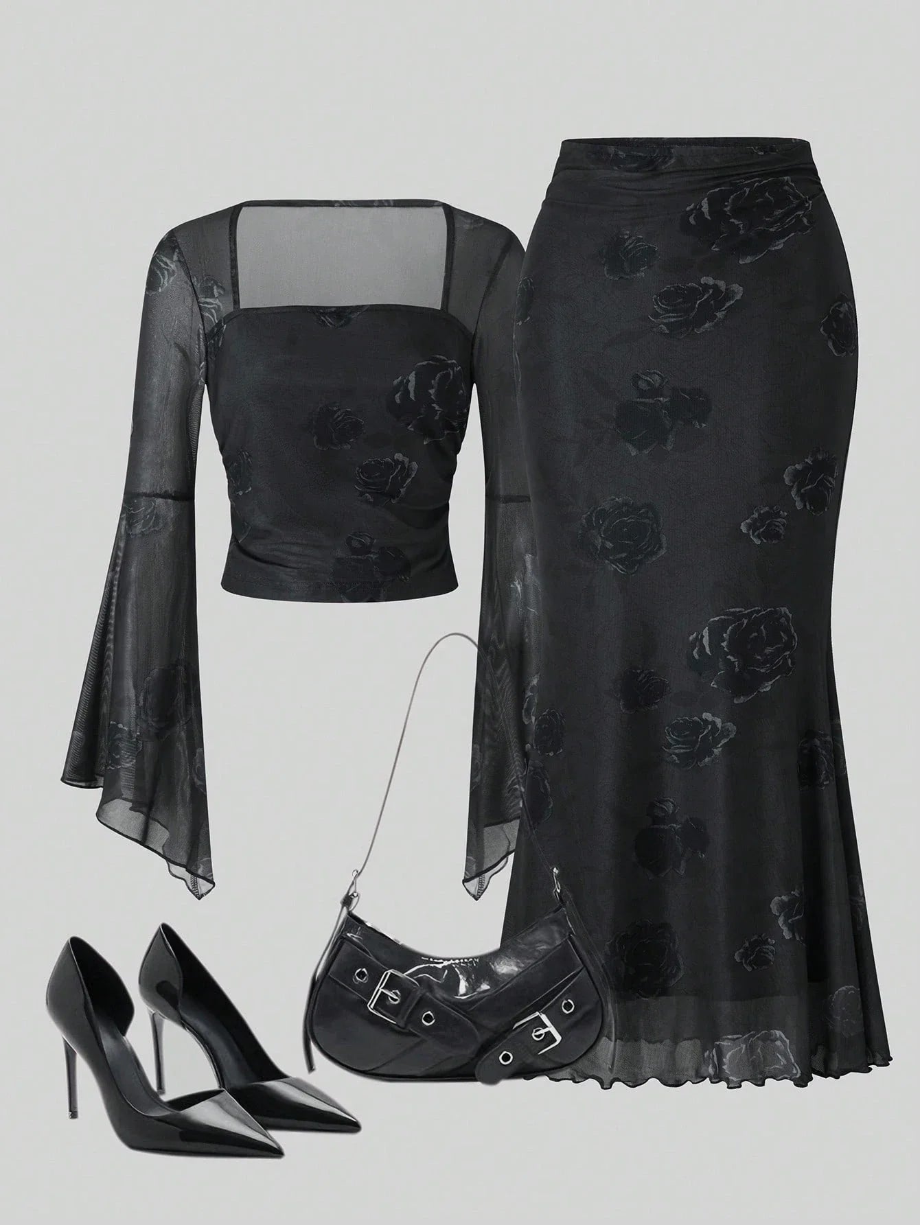 2pcs/Set Women Rose Print Bandeau Top And Mermaid Skirt shein