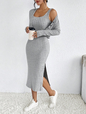 Frenchy Split Thigh Ribbed Knit Tank Dress & Button Front Top