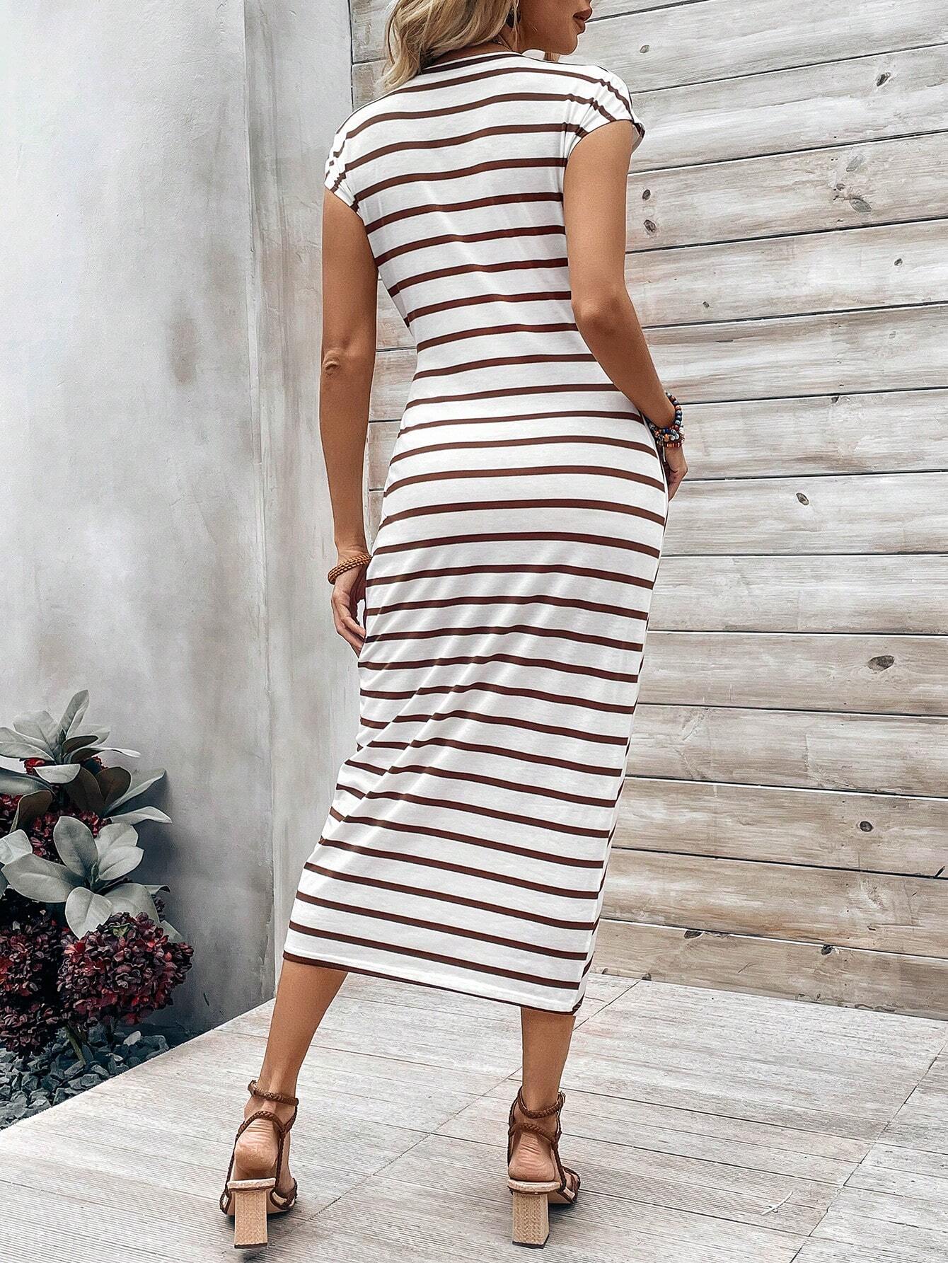 Tie Knotted Striped Side Casual Dress Shein