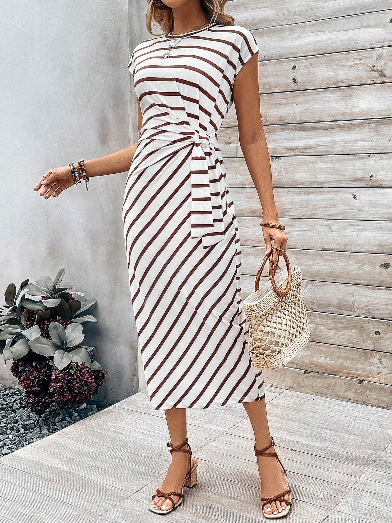 Tie Knotted Striped Side Casual Dress Shein