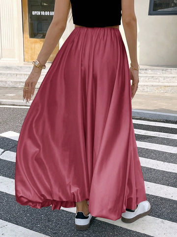 Women's Satin Pleated Bubble Long Skirt