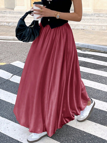 Women's Satin Pleated Bubble Long Skirt