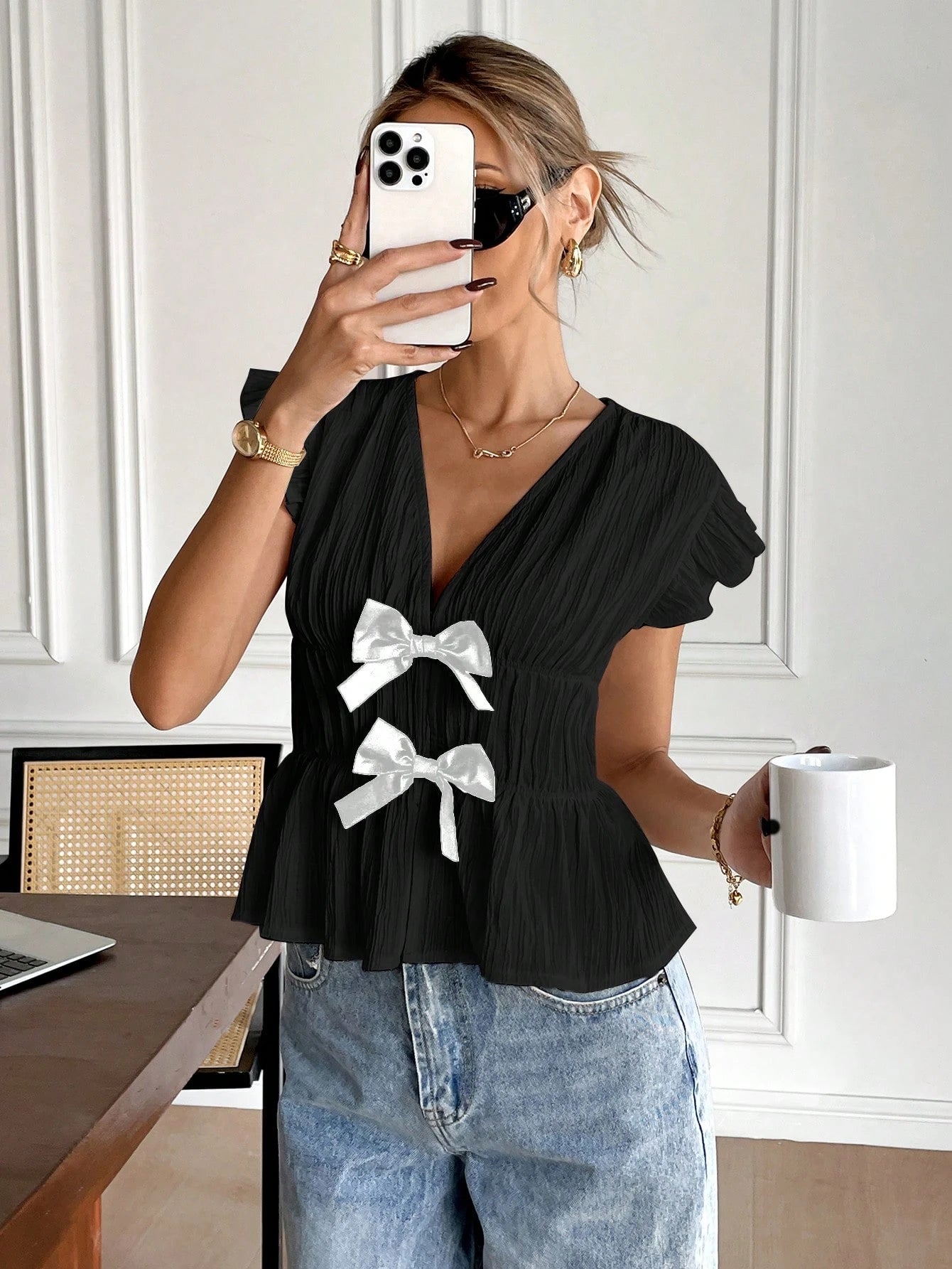 Women's Casual Tie Bow Decor Cap Sleeve Blouse