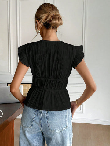 Women's Casual Tie Bow Decor Cap Sleeve Blouse