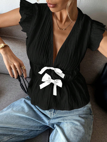 Women's Casual Tie Bow Decor Cap Sleeve Blouse