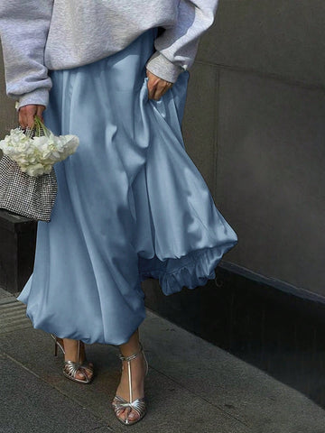 Women's Satin Pleated Bubble Long Skirt