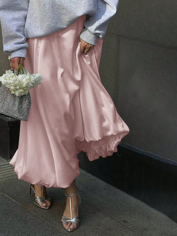 Women's Satin Pleated Bubble Long Skirt