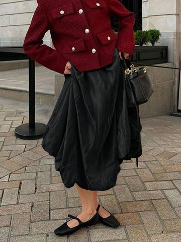 Women's Satin Pleated Bubble Long Skirt