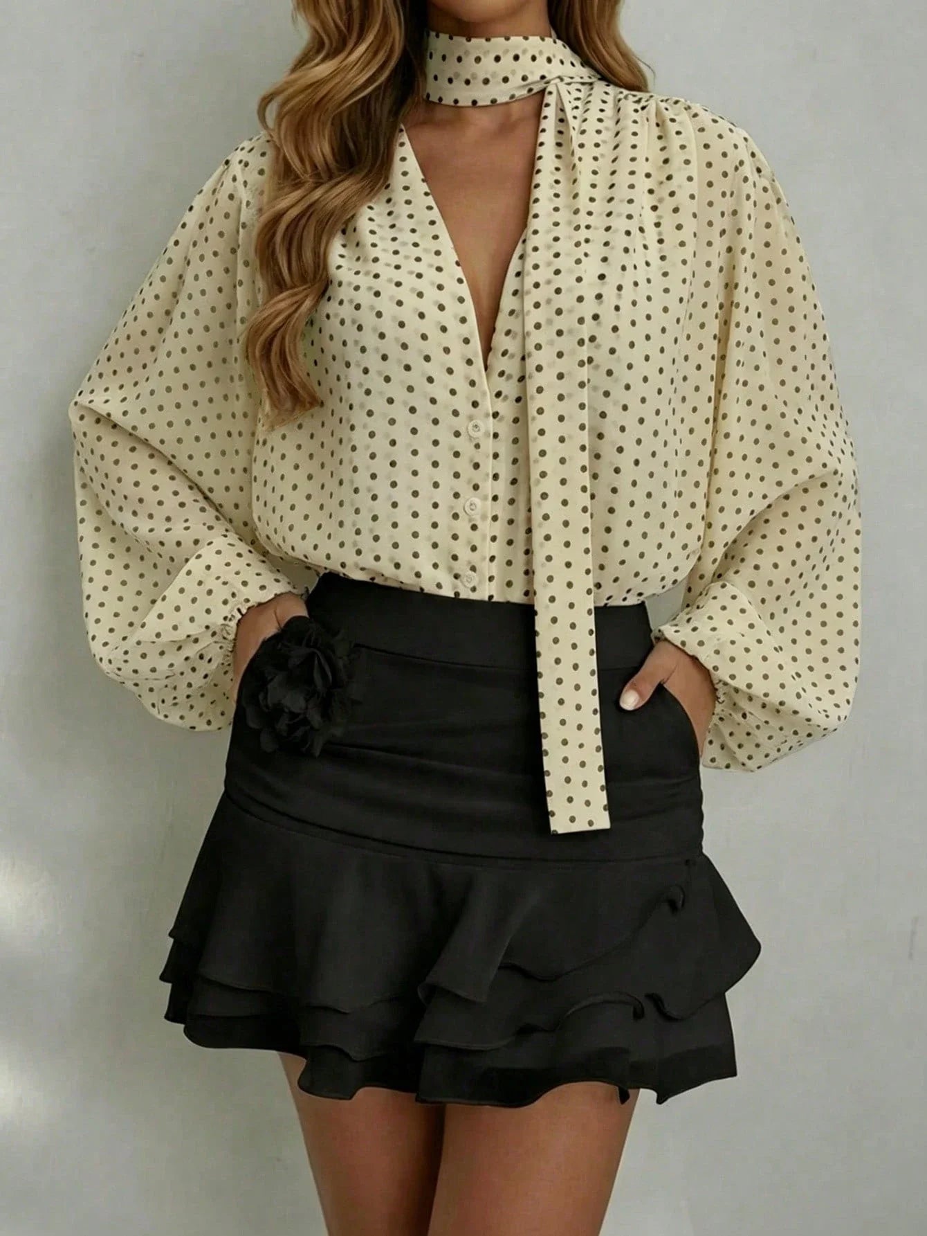 Lantern Sleeve Irregular Print Blouse Shirt shein