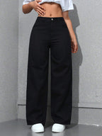ICON Ladies' Simple Daily Wear Black Baggy Straight Leg Jeans shein