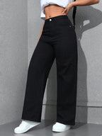 ICON Ladies' Simple Daily Wear Black Baggy Straight Leg Jeans shein