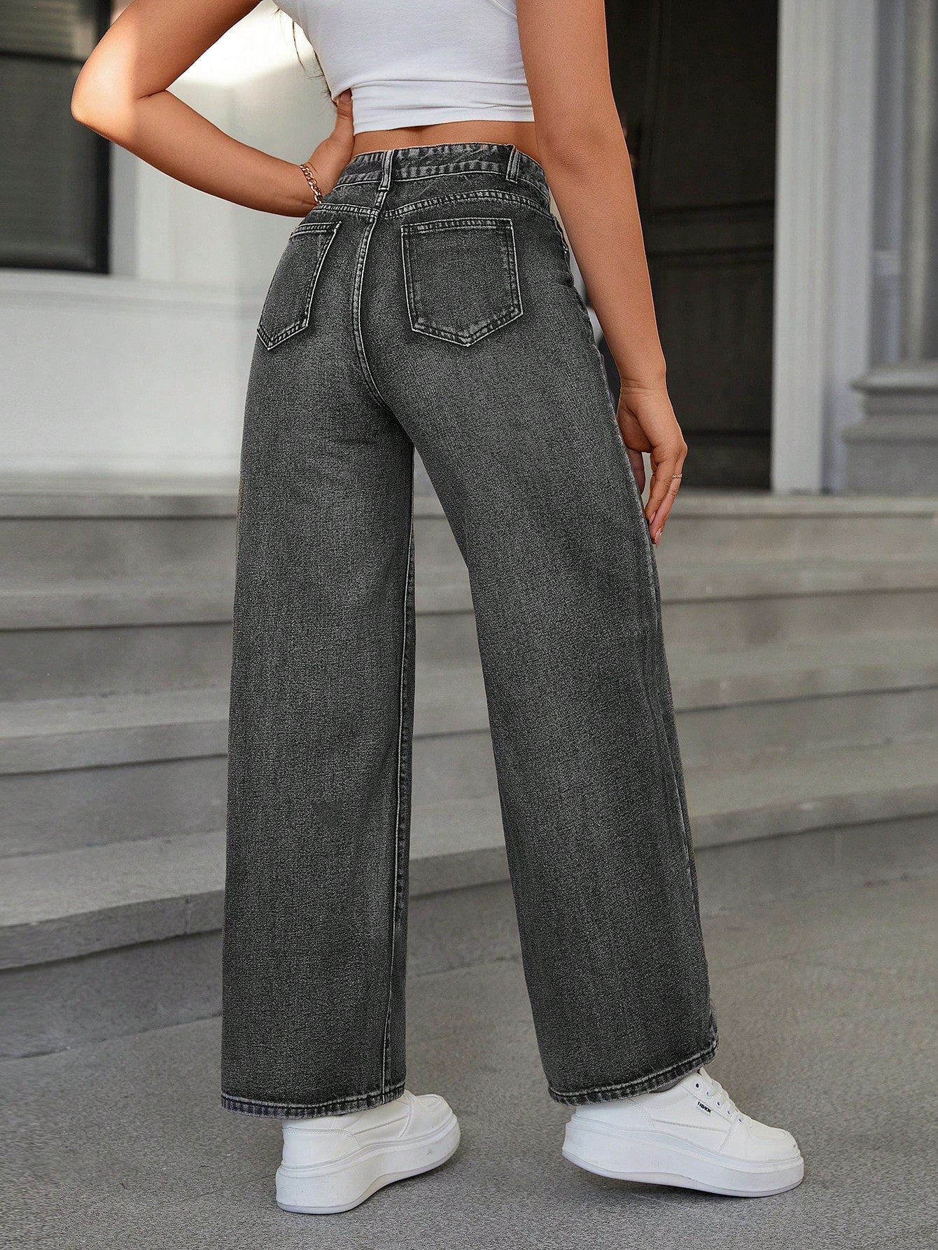 ICON Ladies' Simple Daily Wear Black Baggy Straight Leg Jeans shein