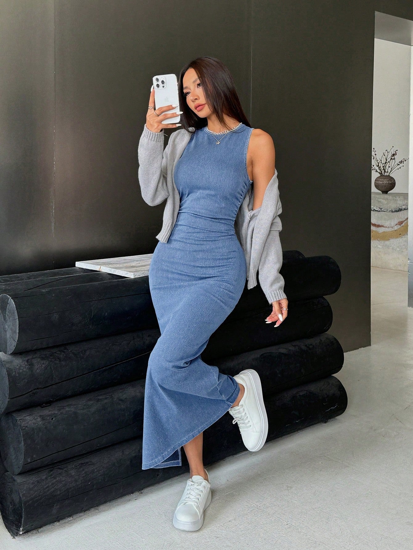 ICON Women's Sleeveless Denim Dress, Form-Fitting shein