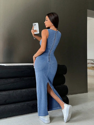 ICON Women's Sleeveless Denim Dress, Form-Fitting