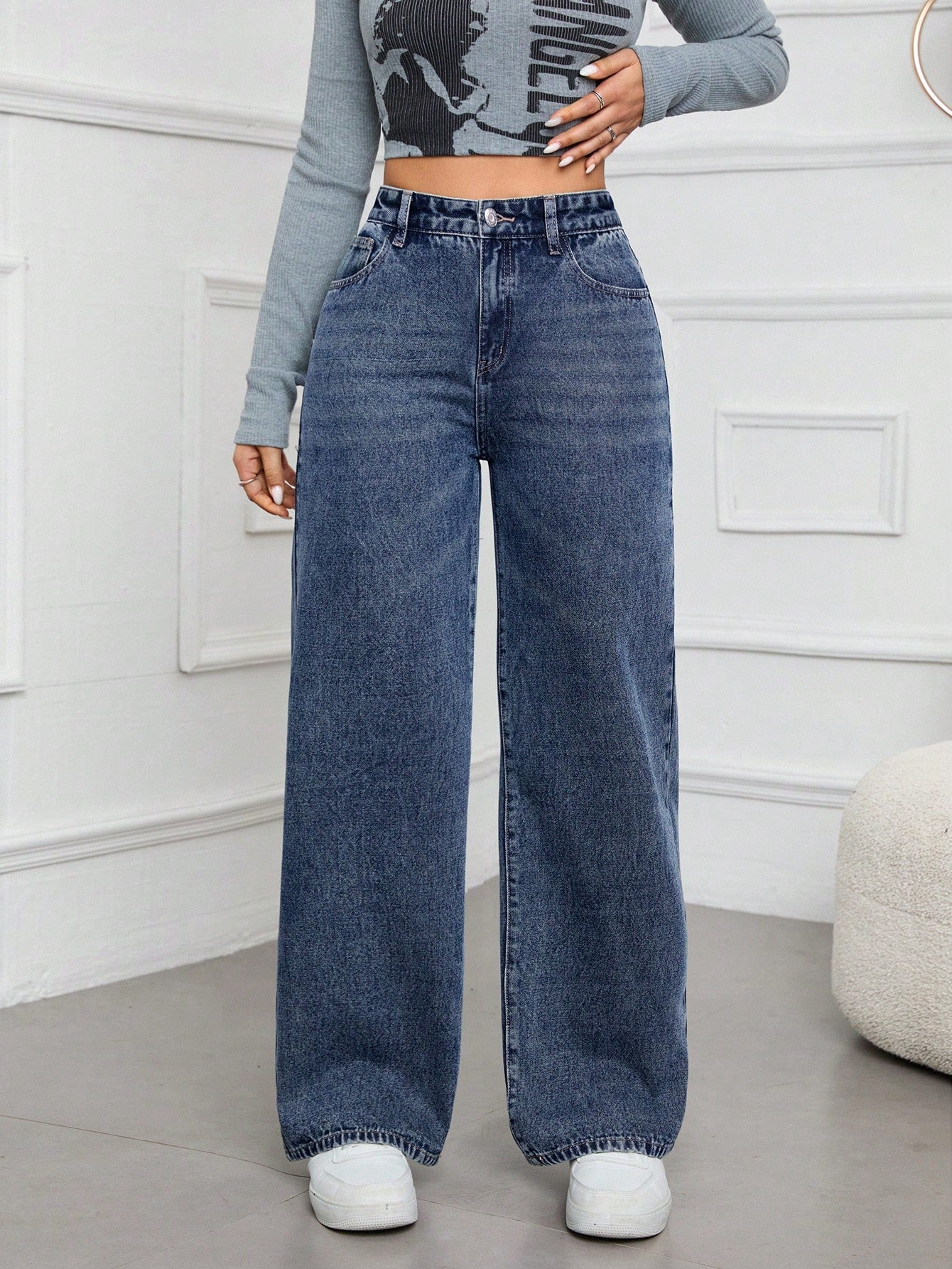 ICON Ladies' Simple Daily Wear Black Baggy Straight Leg Jeans