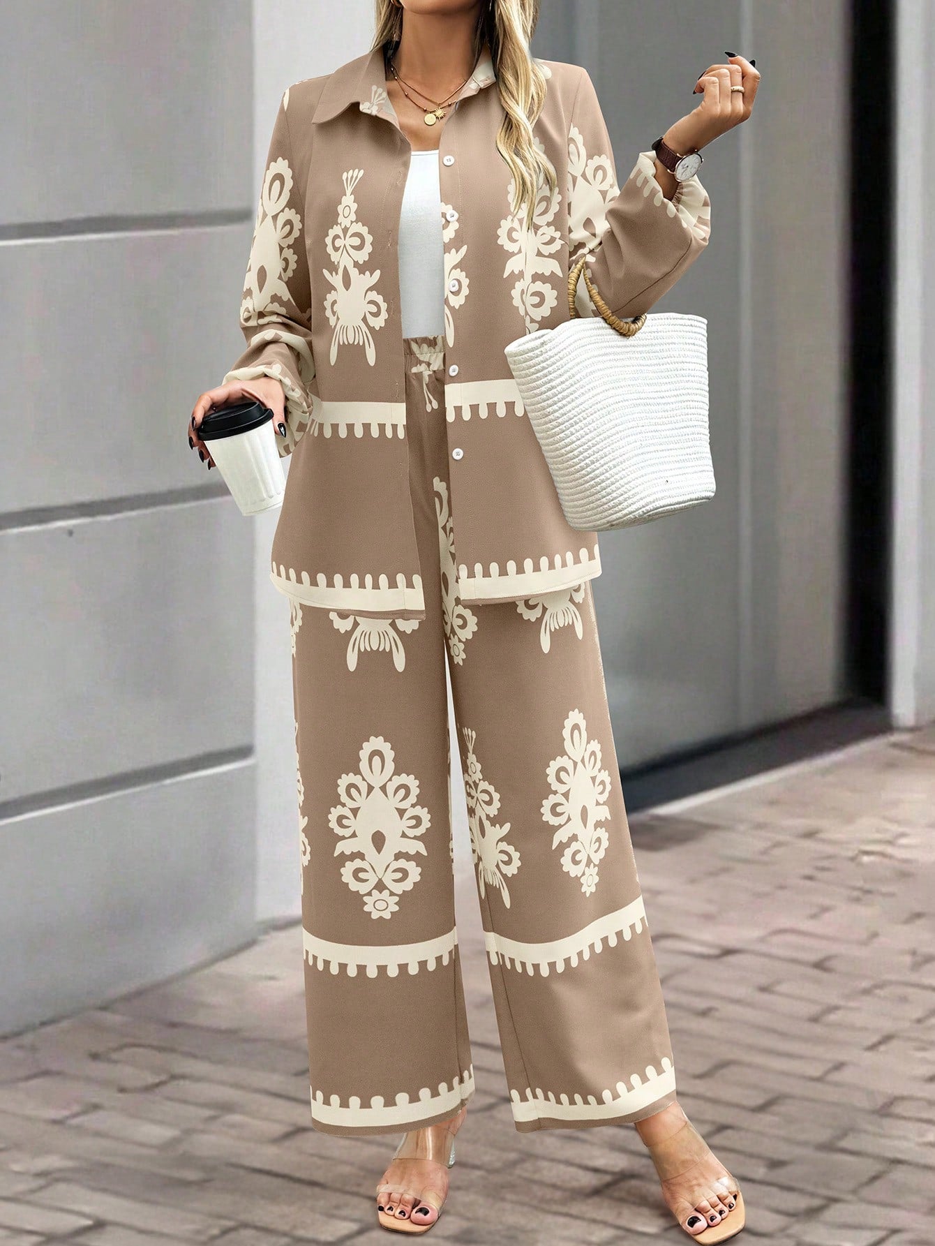 Women's Random Print Front Button Long Sleeve Top And Pants shein