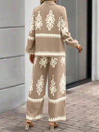 Women's Random Print Front Button Long Sleeve Top And Pants
