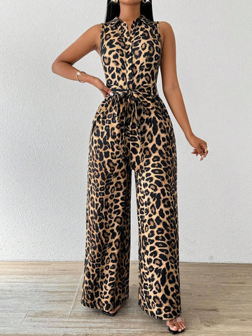 Ladies Solid Color Criss-Cross Wrap Front Sleeveless Jumpsuit