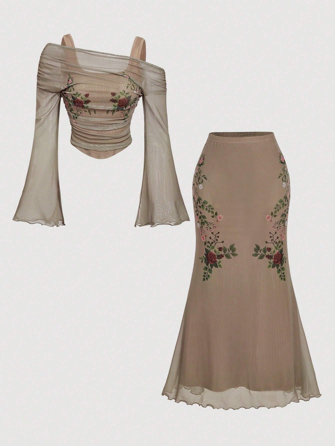 MOD Floral Print T-Shirt Paired With Slim Fit Maxi Skirt shein