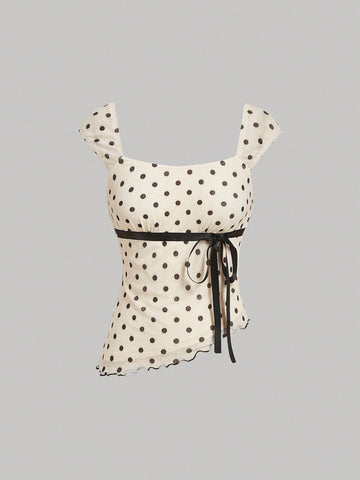 MOD Asymmetric Bow Knot Ruched Hem Polka Dot Print Blouse
