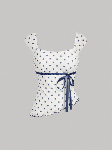 MOD Asymmetric Bow Knot Ruched Hem Polka Dot Print Blouse
