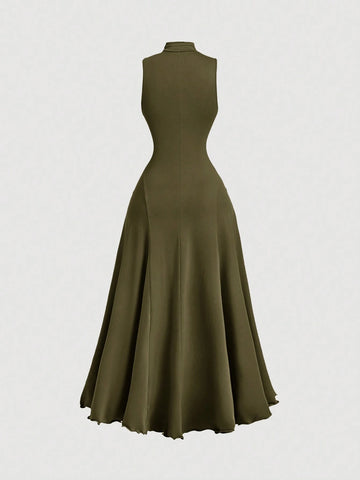 MOD Solid Mock Neck Sleeveless Long Elegant Dress