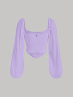 MOD Lantern Sleeve Ruched Scoop Neck Asymmetrical Hem Crop Top Shein