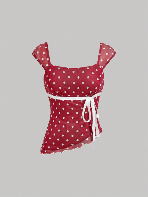 MOD Asymmetric Bow Knot Ruched Hem Polka Dot Print Blouse shein