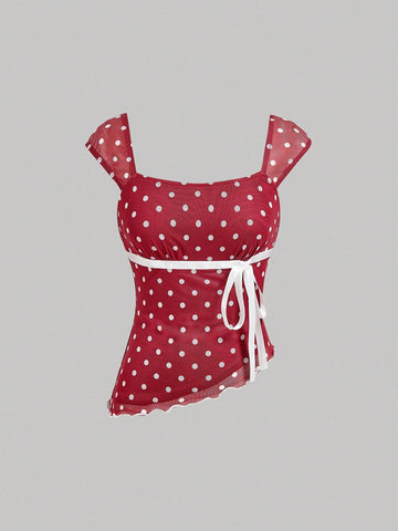 MOD Asymmetric Bow Knot Ruched Hem Polka Dot Print Blouse