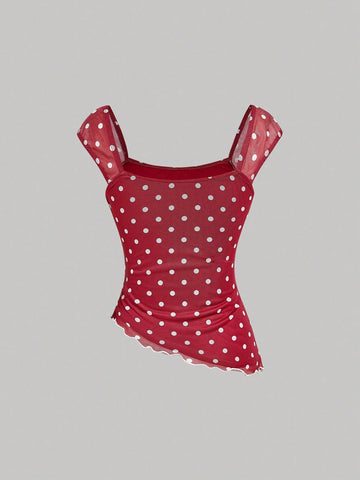 MOD Asymmetric Bow Knot Ruched Hem Polka Dot Print Blouse