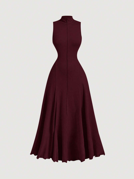 MOD Solid Mock Neck Sleeveless Long Elegant Dress