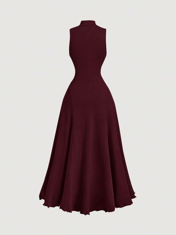 MOD Solid Mock Neck Sleeveless Long Elegant Dress