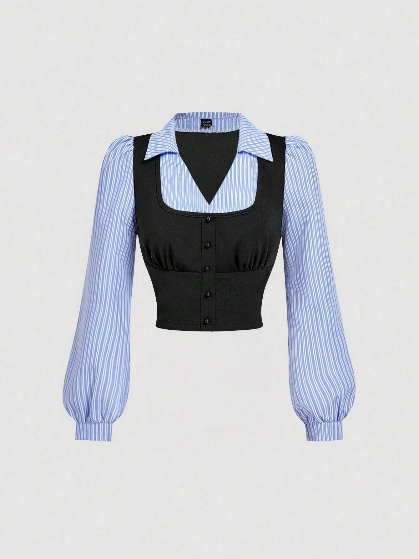 MOD Turndown Collar Puff Sleeve Black And Blue Striped Fitted Shirt