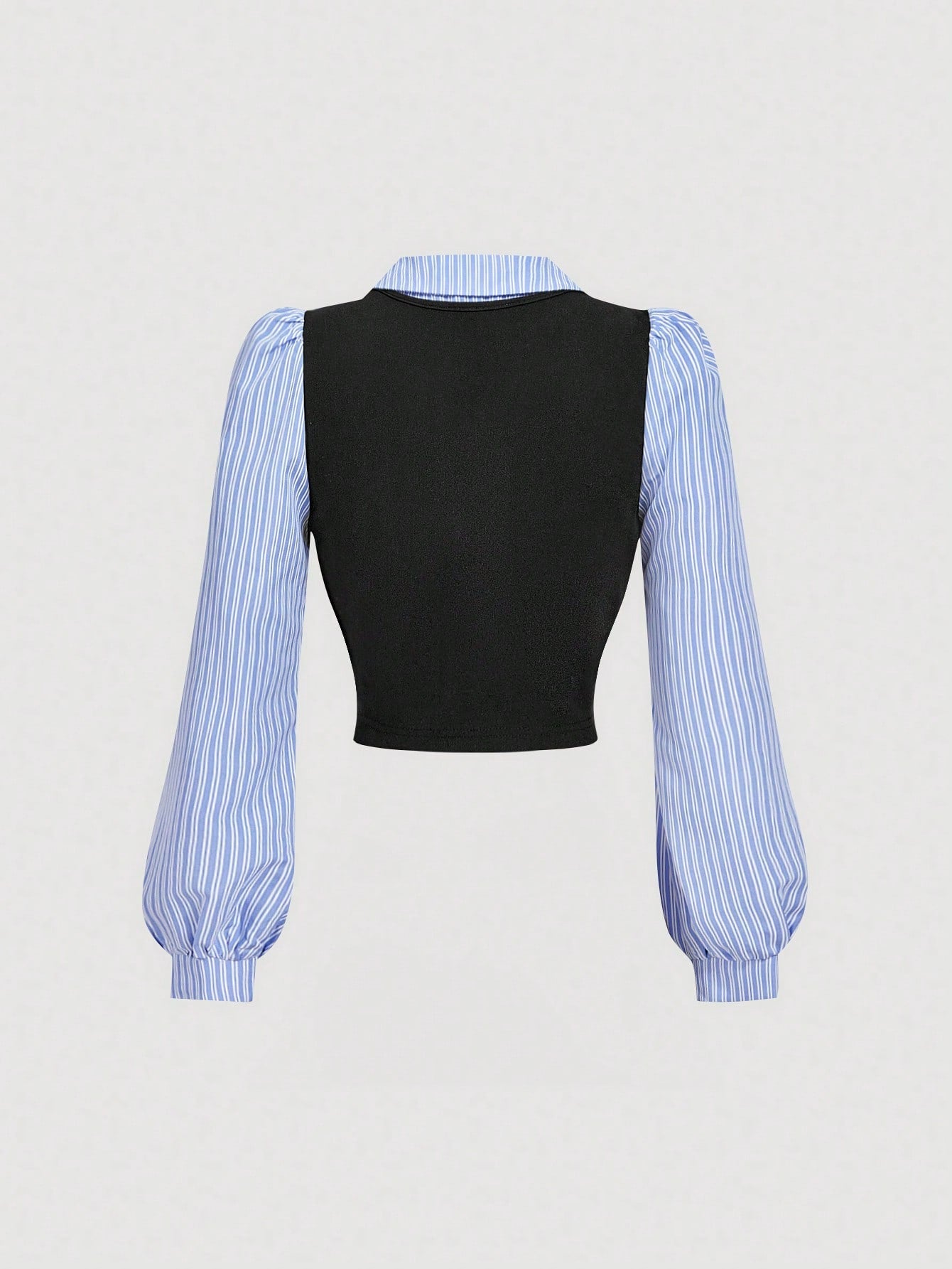 MOD Turndown Collar Puff Sleeve Black And Blue Striped Fitted Shirt