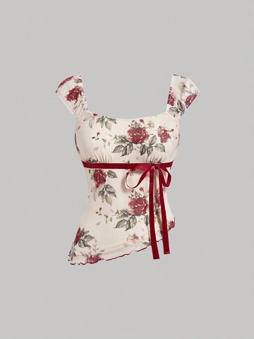 MOD Asymmetric Bow Knot Ruched Hem Polka Dot Print Blouse