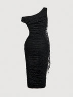 MOD Women's Elegant Asymmetric Neck Ruched Fitted Mid-Length Dress shein