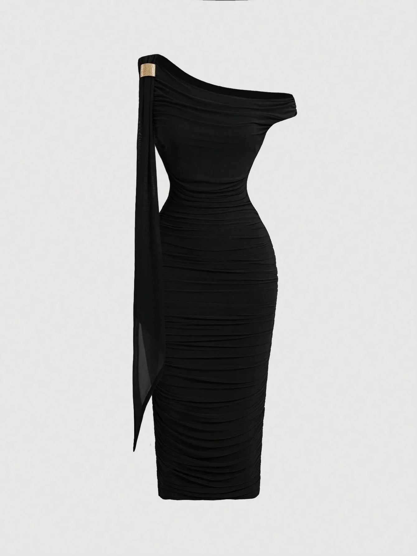 MOD Women's Elegant Asymmetric Neck Ruched Fitted Mid-Length Dress shein