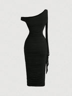 MOD Women's Elegant Asymmetric Neck Ruched Fitted Mid-Length Dress shein