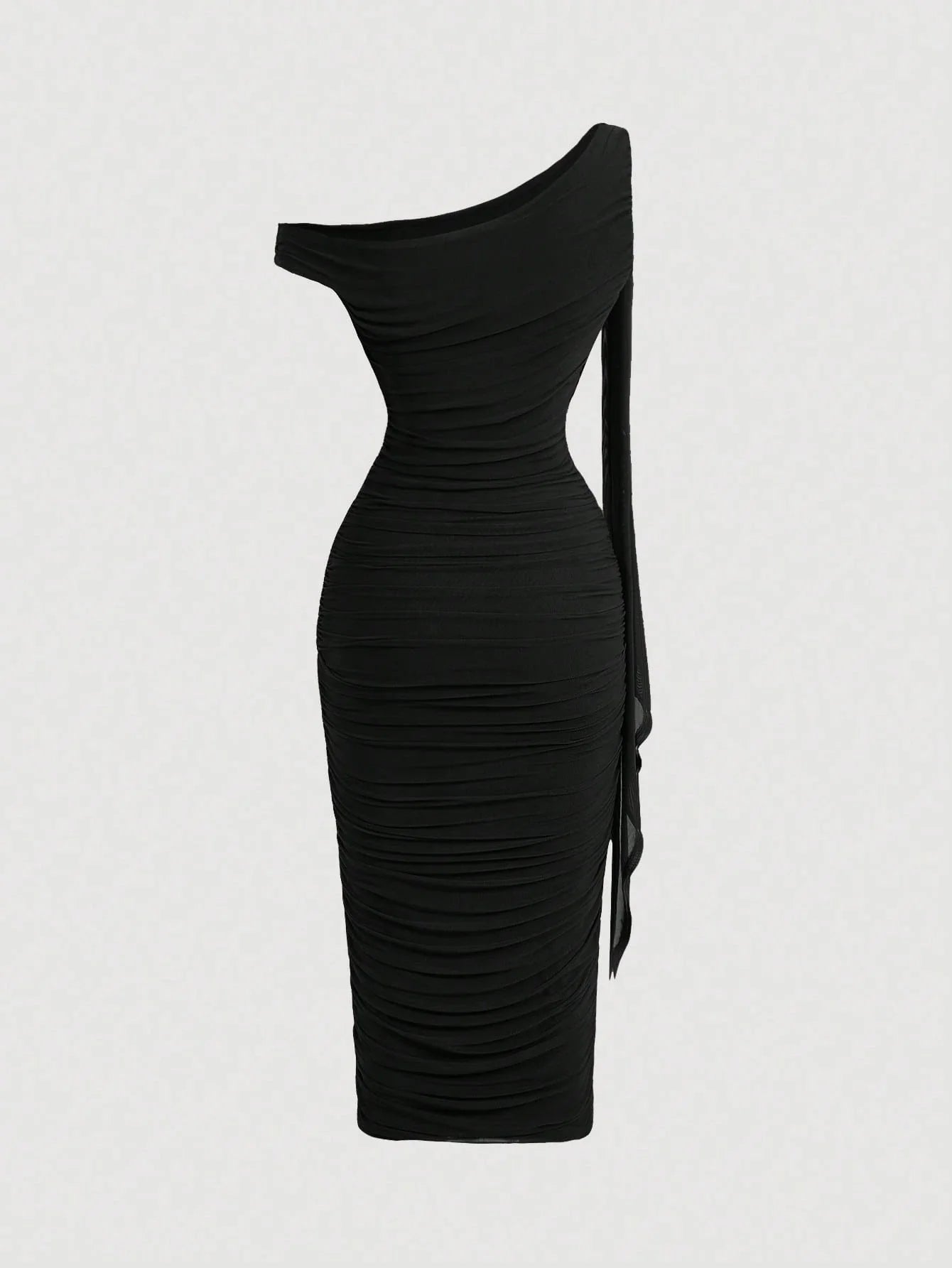 MOD Women's Elegant Asymmetric Neck Ruched Fitted Mid-Length Dress shein