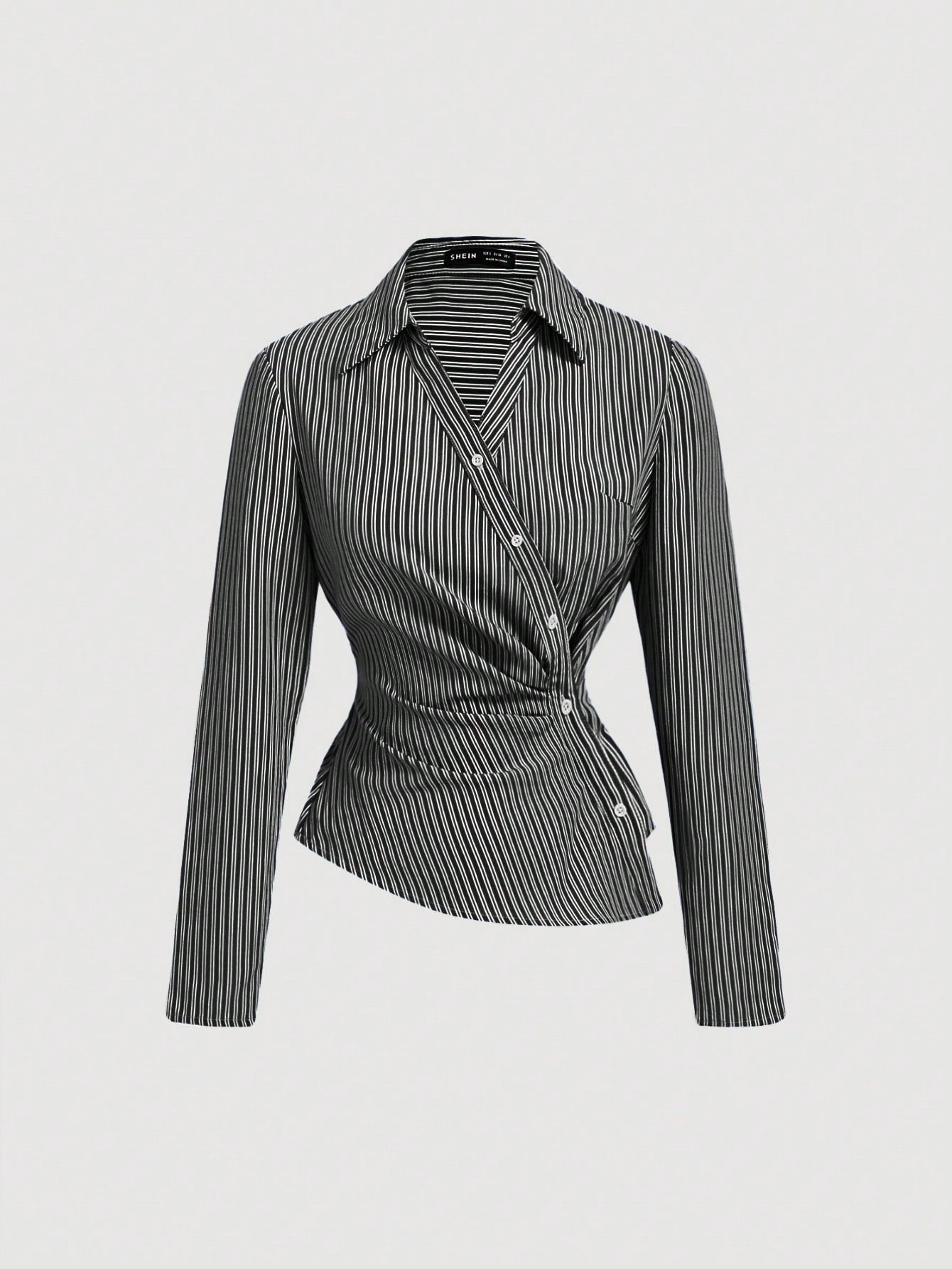 Striped Turndown Collar Fold-Over Long Sleeve Top shein