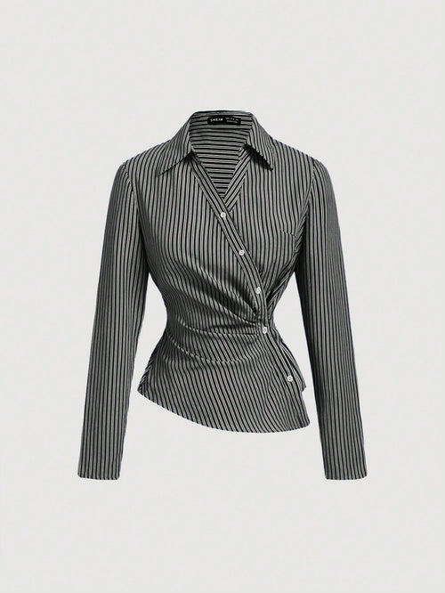 Striped Turndown Collar Fold-Over Long Sleeve Top shein