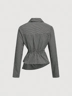 Striped Turndown Collar Fold-Over Long Sleeve Top shein
