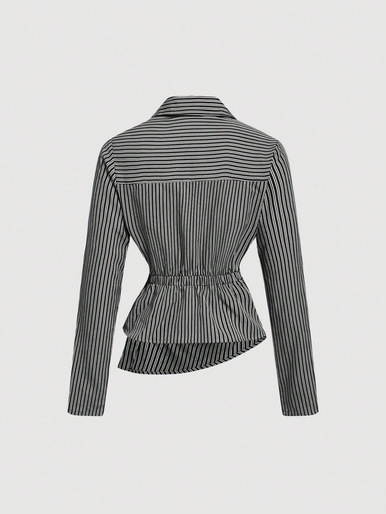 Striped Turndown Collar Fold-Over Long Sleeve Top shein